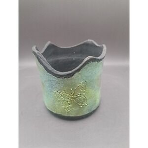 Raku Studio Art Pottery Glazed Gray Blue Butterfly Vase Vessel Artist Signed